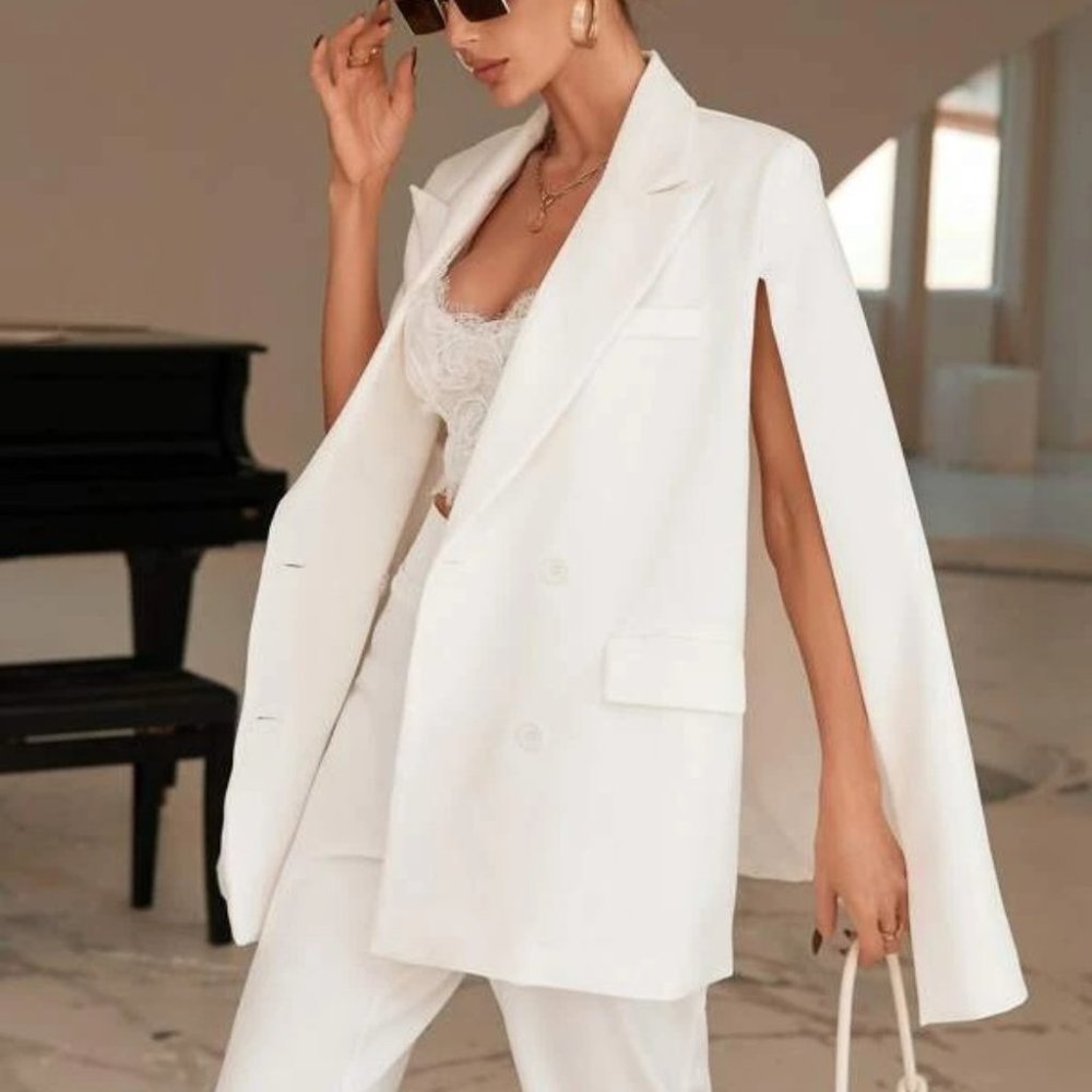White Modern Cape Cloak Sleeved Double Breasted Blazer work chic classy - Picture 5 of 6